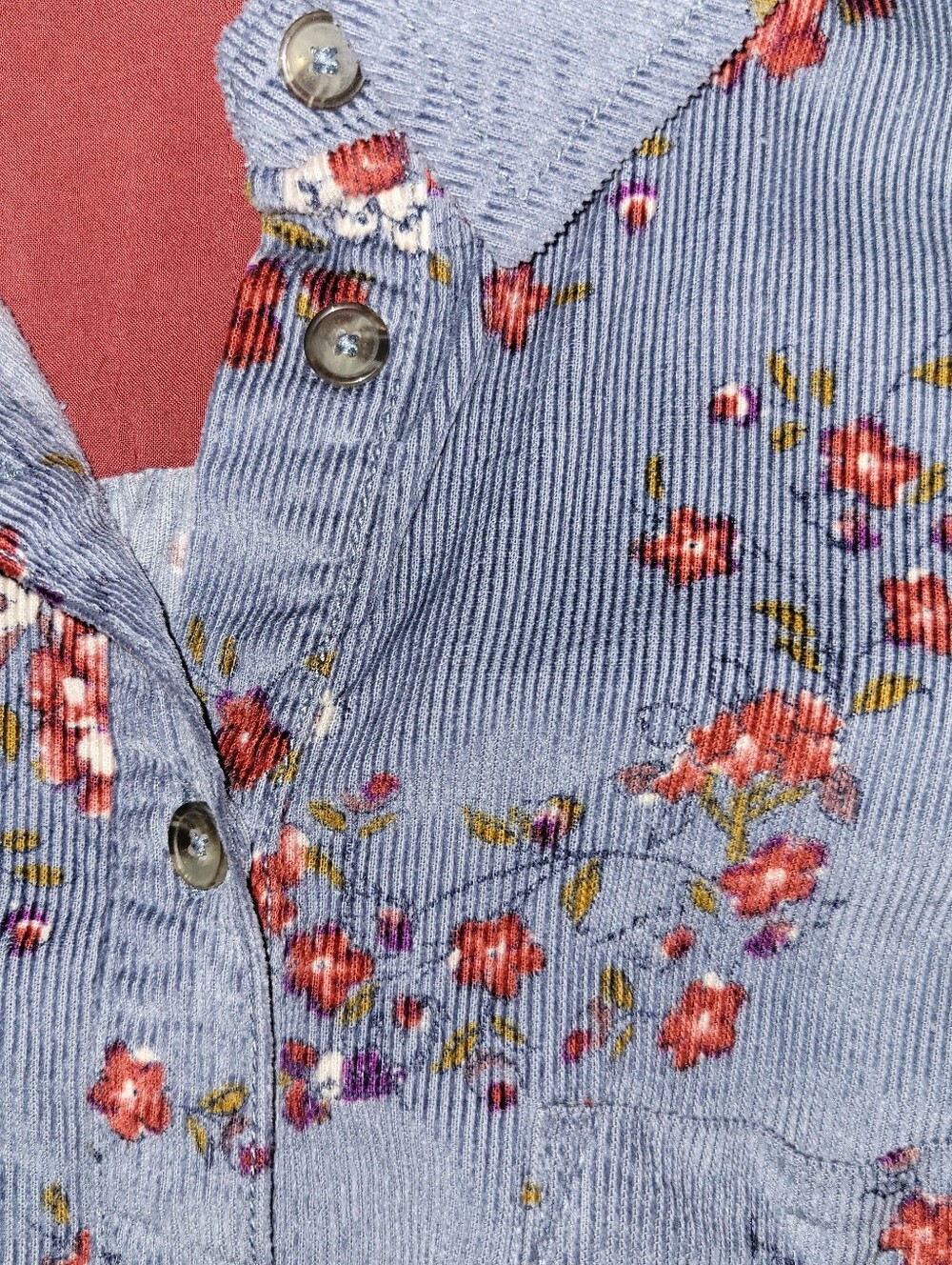 Anthropologie Corduroy Button Up Top Blue With Floral Design - Picture 7 of 8
